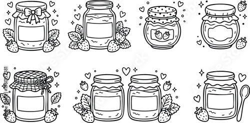 Eight strawberry jam jars with decorative ribbons leaves and spoon