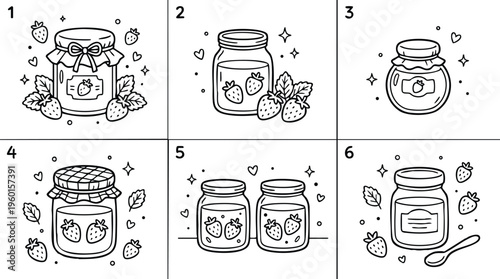 Six strawberry jam jars with leaves and hearts
