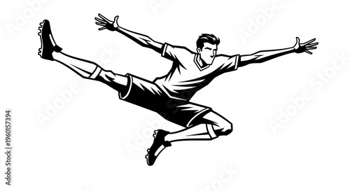 Dynamic black and white illustration of a male soccer player performing an acrobatic mid-air kick during a game, showcasing athletic skill and movement.