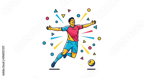 Vibrant illustration of a male soccer player celebrating a goal with arms outstretched and a ball nearby, surrounded by colorful geometric shapes.