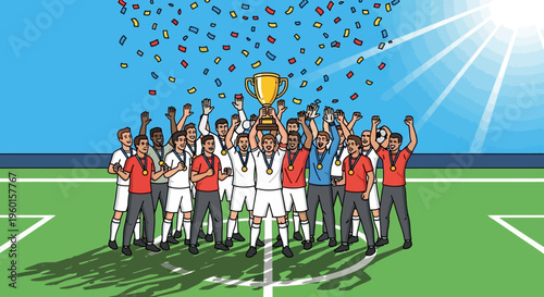 A diverse soccer team celebrates their championship victory on a green field with a golden trophy and falling confetti under a bright sunny sky.