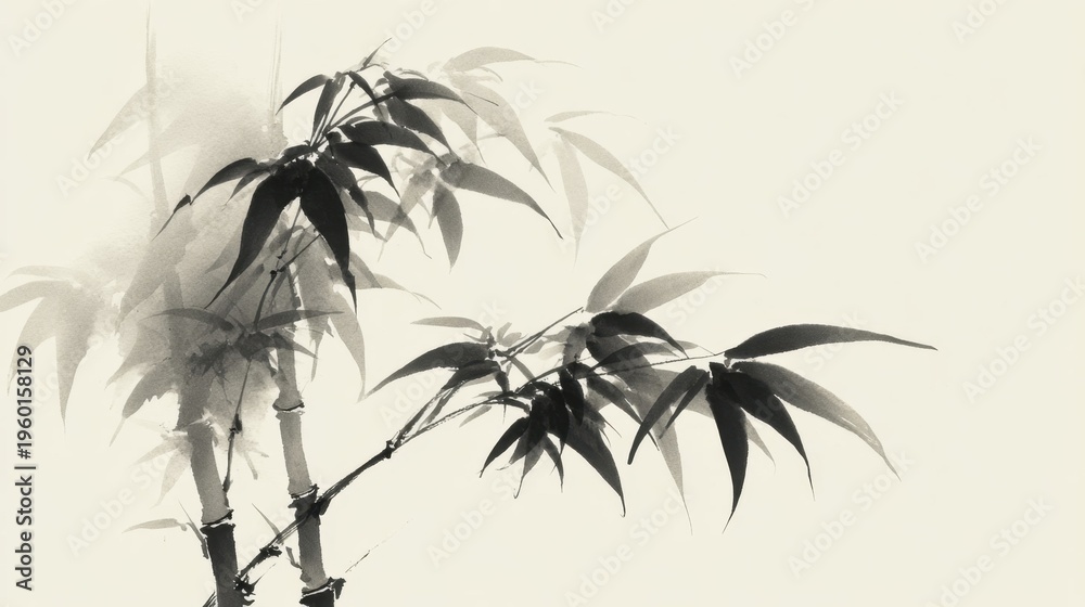 Obraz premium Authentic oriental ink painting depicting bamboo stalks and leaves with elegant brushstrokes on a textured beige background.