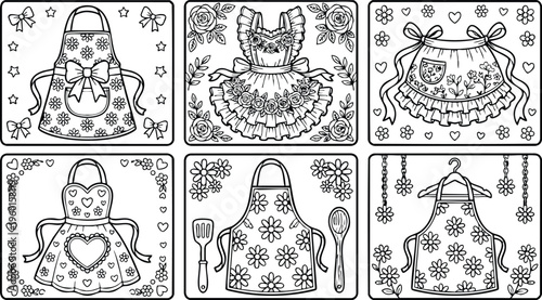 Black and white floral apron and dress line art with bows and hearts