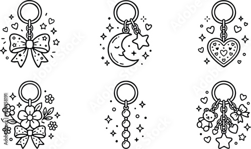 Black and white line art keychains with bow moon star heart flowers and teddy bear charms