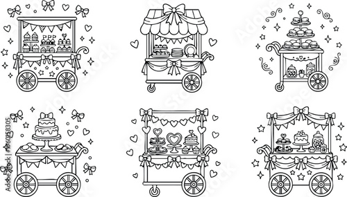 Black and white line art sweet dessert carts with cupcakes cake and jars