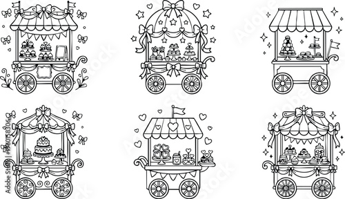 Black and white line art dessert stands with ribbons bows and sweets on wheels