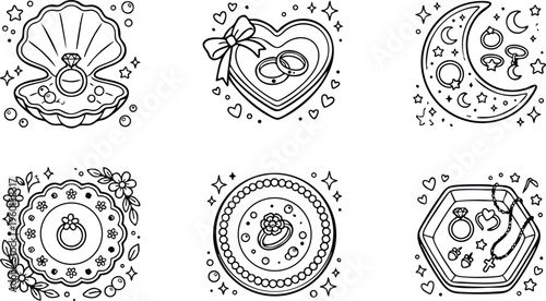 Black and white line art collection of wedding rings and jewelry icons with hearts stars and moons