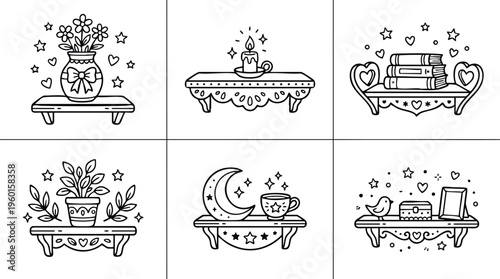 Six decorative shelves with flowers candle moon books and bird