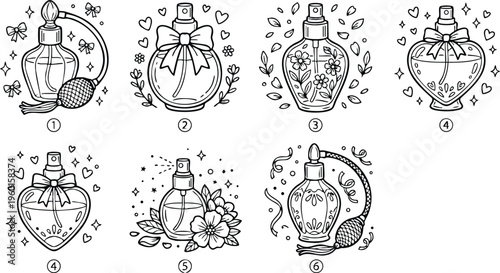 Black and white line art perfume bottles with bows flowers and hearts