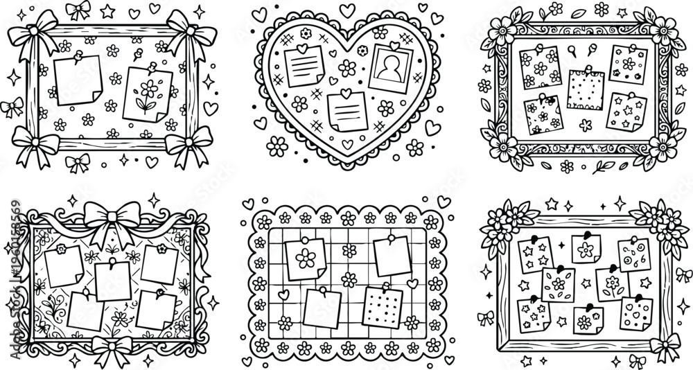 Obraz premium Black and white floral bulletin boards line art with bows and hearts illustration set