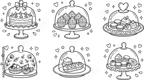 Black and white line art desserts under glass cloches with cake cupcake and macarons
