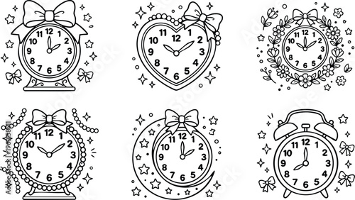 Black and white line art decorative clocks with bows stars and flowers