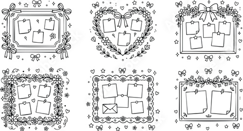 Black and white floral frames with bows and notes vector line art set