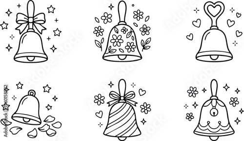 Black and white line art floral heart and ribbon decorated bells set