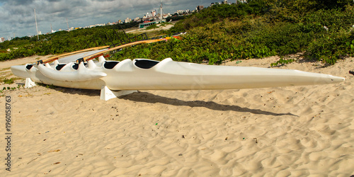 Hawaiian or Polynesian canoe, stranded on the sand of Ponta d'Areia beach, in São Luís, MA, Brazil.