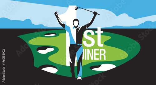 A graphic illustration of a triumphant golfer celebrating victory on a green golf course with bunkers, holding a club and a "1st WINNER" flag under a blue sky.
