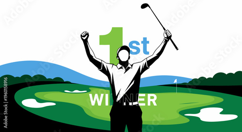 A male golfer in a red shirt and blue pants swings a golf club, hitting a ball towards the 18th hole on a green course with a sand trap.