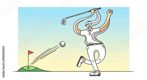 A dynamic illustration of a female golfer celebrating a successful shot, with the golf ball flying towards the hole on a green.