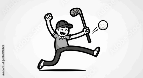 A cheerful cartoon golfer celebrates a successful shot with his club and a flying golf ball.