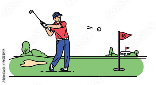 A male golfer in a red shirt and blue pants swings a golf club, hitting a golf ball towards the 18th hole on a green golf course with a sand trap and trees.