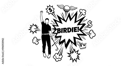 Black and white illustration of a male golfer celebrating a birdie with a comic book style explosion and various icons.