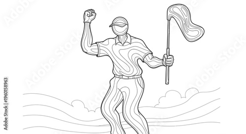 Line art illustration of a triumphant golfer celebrating victory on the course, holding a flagstick with a wavy flag.