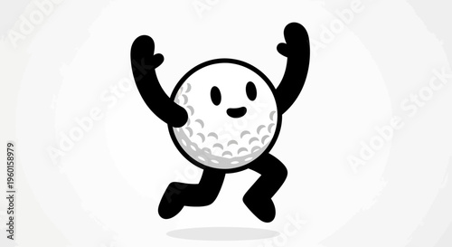 Happy cartoon golf ball character with black limbs running or jumping on a plain white background, exuding joy and energy.