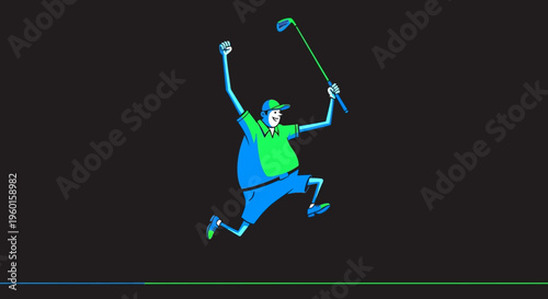 A jubilant cartoon golfer in blue and green celebrates a successful shot, jumping with his golf club in the air against a dark background.