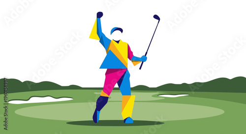 Abstract illustration of a triumphant golfer celebrating on a vibrant green golf course with a club raised high.