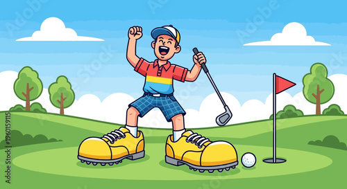 A jubilant cartoon boy celebrates a successful golf shot on a sunny green, wearing oversized yellow shoes and holding a club.