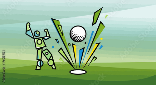 A vibrant graphic illustration of a geometric figure celebrating a golf ball exploding from a hole on a green course.