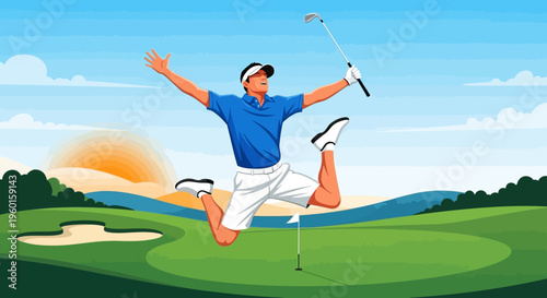 A joyful male golfer in a blue shirt and white shorts jumps high in celebration on a sunny green golf course with a club in hand, a flag, and a bunker, under a bright sky with a distant sunrise.
