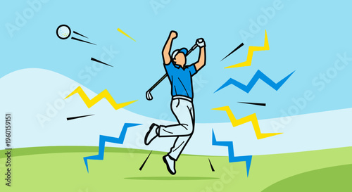 An excited male golfer celebrates a successful shot on a green course with a golf ball flying and energetic zigzags.