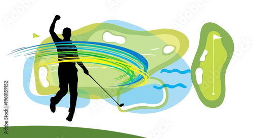 A triumphant golfer celebrates a successful shot on an abstract, colorful golf course, depicted with dynamic graphic elements.