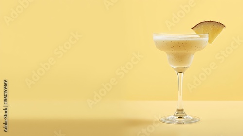 Creamy tropical cocktail with coconut texture and pineapple slice in margarita glass on soft yellow. Summer 2026 beach mood, copy space. Perfect for resort, bar, travel ads.