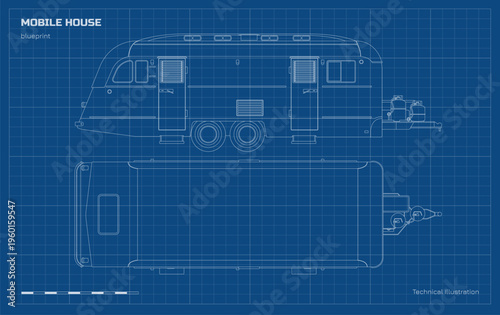 Outline mobile house. Top and side views of the trailer. Family van blueprint. Modern campervan drawing. Vintage portable wagon for holidays