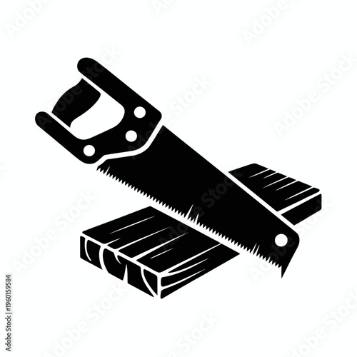 A simple illustration of a handsaw and two pieces of wood.