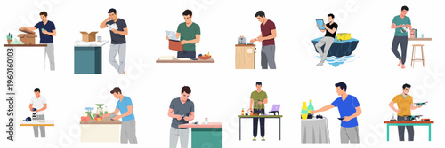 Set of flat illustrations showing a young man unboxing and using various electronic gadgets, household appliances, and consumer products at home.