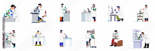 Set of flat vector illustrations of diverse scientists and laboratory researchers working with microscopes, petri dishes, and equipment on a white background.