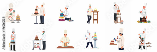 Set of professional pastry chefs and confectioners decorating and preparing various elaborate, multi-tiered cakes, desserts, and sweets on a white background.