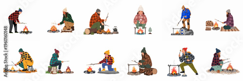 Set of flat illustrations featuring various people in winter clothing roasting marshmallows over campfires while camping in the outdoors.
