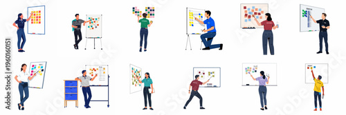 Set of diverse professionals brainstorming and planning on whiteboards with colorful sticky notes, symbolizing agile project management and creative business teamwork.