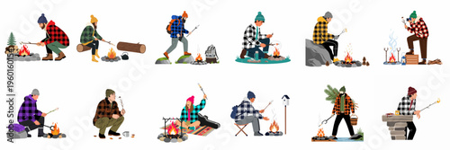 Flat vector illustrations set of people in plaid shirts roasting marshmallows over campfires and enjoying outdoor camping and hiking activities.