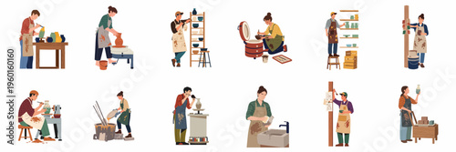 Vector illustration set of diverse professional potters engaged in various stages of ceramic production, from molding clay to painting and glazing finished vases.