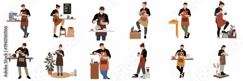 Diverse collection of professional male and female baristas preparing coffee and creating latte art in various cafe settings, modern flat vector illustration.