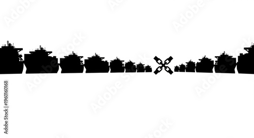 Silhouette of numerous cargo ships lined up with a broken chain in the center, representing shipping industry challenges and disruption.