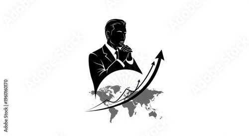Silhouette of businessman with upward trending graph and world map, symbolizing global business growth and economic success.