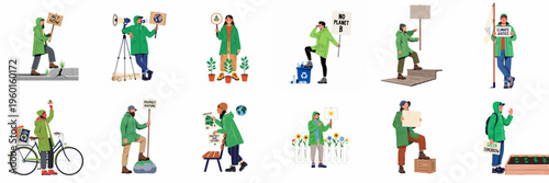 Set of diverse environmental activists and climate change protesters in green jackets holding signs for sustainability, nature protection, and planetary health.