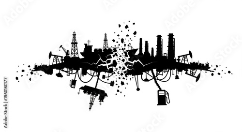 Silhouette of industrial oil and gas infrastructure collapsing and breaking apart, symbolizing environmental damage and industry crisis.