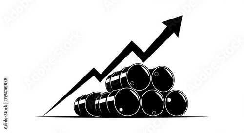 Stack of oil barrels with a rising arrow graph, illustrating increasing oil prices and the volatile energy market.